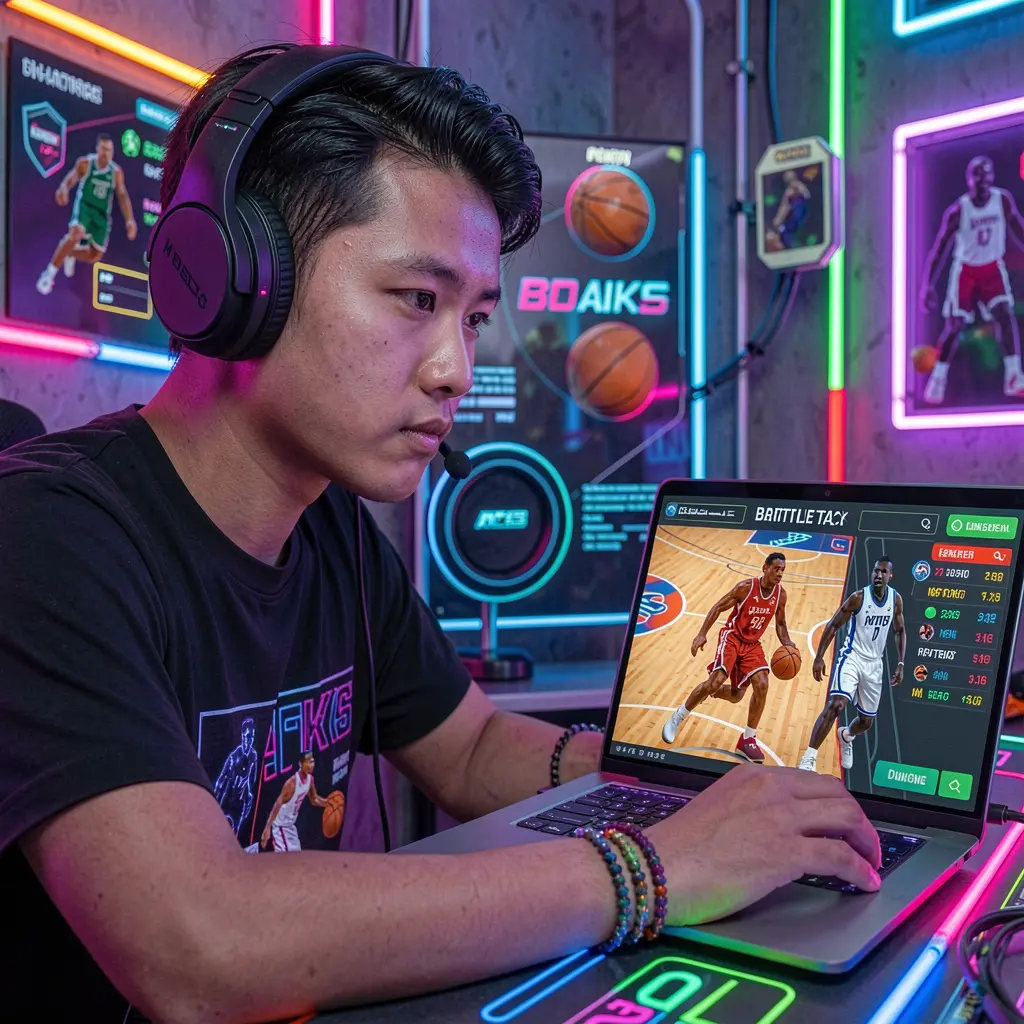 Focused Filipino player placing online basketball bets on a laptop with live odds and digital graphics using the 5N5N5N betting platform