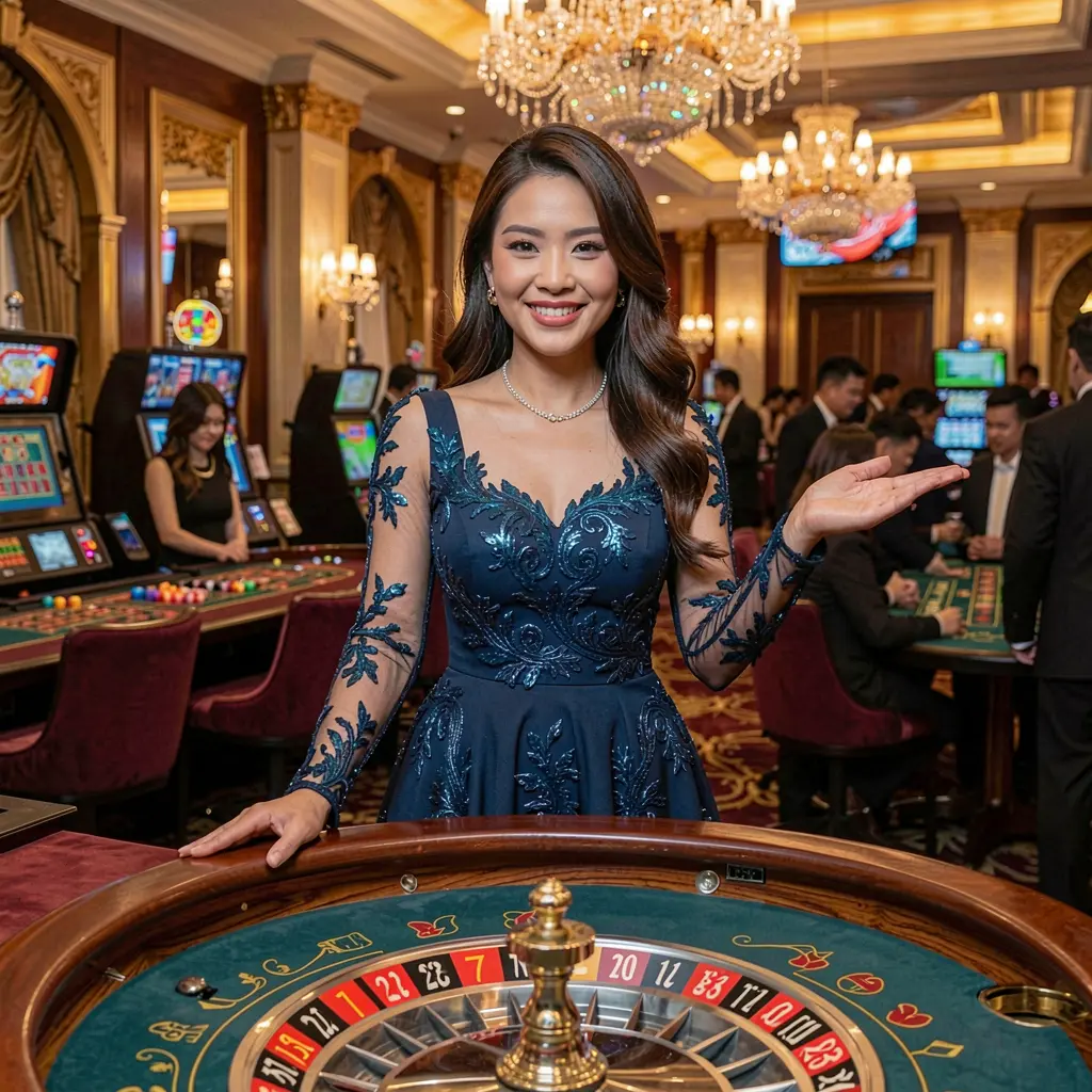 Stylish live casino dealer at a roulette table with vibrant lights and a luxury atmosphere showcasing the immersive live casino experience at 5N5N5N for players in the Philippines