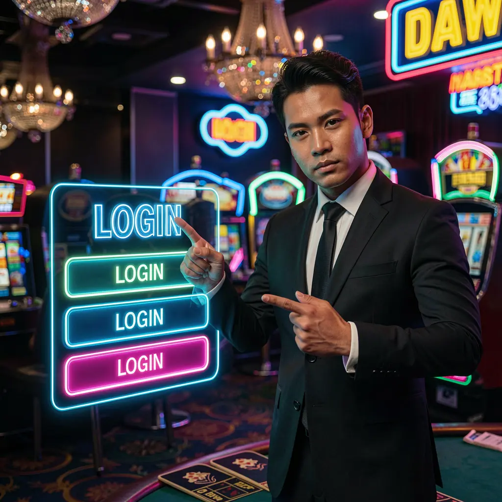 Confident Filipino casino host guiding players to sign in with glowing neon lights and immersive casino visuals on the 5N5N5N platform