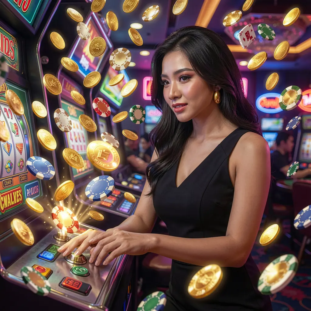 A confident Filipino woman pressing a slot machine button as golden coins rain down in a neon casino scene showcasing immersive gameplay at 5N5N5N slots